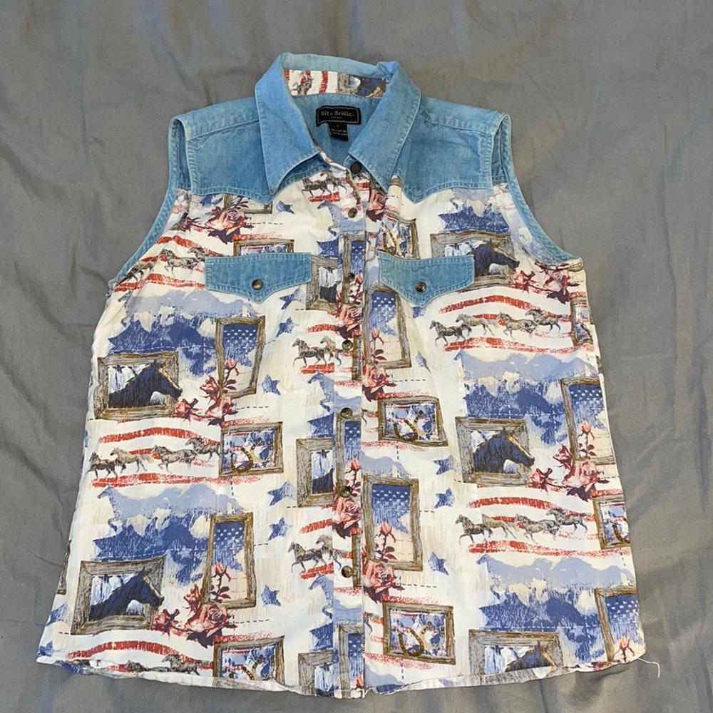 VINTAGE Bit & Bridle Western sleeveless button down shirt (snaps) size large